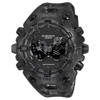 G-SHOCK GA-V01SKE-8A Analog-Digital Watch in translucent Black — Y2K-inspired design with integrated bezel, Shock Release Hand magnetic minute hand, full-screen LCD, metallic openwork dial, and 10-year battery life.