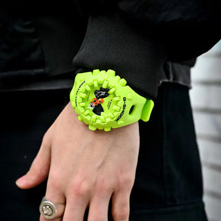 G-SHOCK GAV01-9A bright yellow watch with cool eyes openwork dial, spherical resin bezel and band, indices outside spherical glass, and Super Illuminator double LED