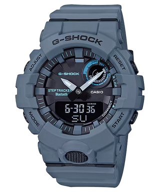 GBA800UC-2A G-Shock watch in blue with Bluetooth, fitness tracking, 3-axis accelerometer, and Super Illuminator LED display.