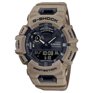 Front view of the G-SHOCK GBA900UU-5A with a tan case and band, black analog-digital dial, and light-colored hands