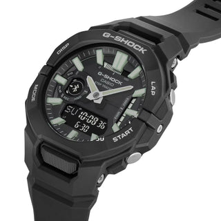 G-SHOCK GBA950-1A sports watch with origami-inspired bio-based resin band, Bluetooth connectivity, Auto Lap pace tracking, step count and calorie display, shock resistance, and 200-meter water resistance