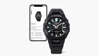 G-SHOCK GBA950-1A sports watch with origami-inspired bio-based resin band, Bluetooth connectivity, Auto Lap pace tracking, step count and calorie display, shock resistance, and 200-meter water resistance