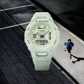 G-SHOCK GBA950-1A sports watch with origami-inspired bio-based resin band, Bluetooth connectivity, Auto Lap pace tracking, step count and calorie display, shock resistance, and 200-meter water resistance