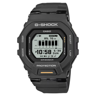G-SHOCK GBD200-1A1 sports watch in black with Memory-in-Pixel display, GPS tracking, smartphone connectivity, soft urethane band, and modern honeycomb pattern design