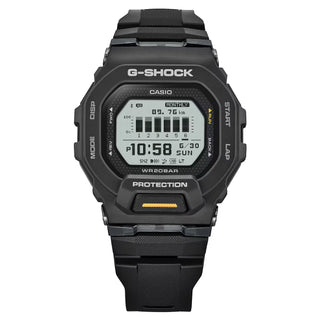 G-SHOCK GBD200-1A1 sports watch in black with Memory-in-Pixel display, GPS tracking, smartphone connectivity, soft urethane band, and modern honeycomb pattern design