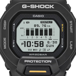 G-SHOCK GBD200-1A1 sports watch in black with Memory-in-Pixel display, GPS tracking, smartphone connectivity, soft urethane band, and modern honeycomb pattern design