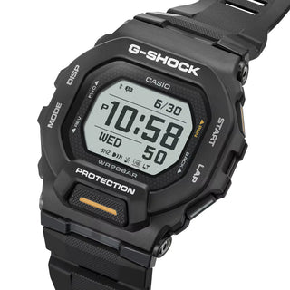 G-SHOCK GBD200-1A1 sports watch in black with Memory-in-Pixel display, GPS tracking, smartphone connectivity, soft urethane band, and modern honeycomb pattern design
