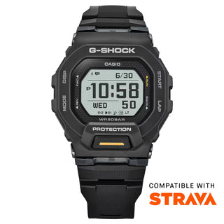 G-SHOCK GBD200-1A1 sports watch in black with Memory-in-Pixel display, GPS tracking, smartphone connectivity, soft urethane band, and modern honeycomb pattern design