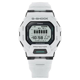 G-SHOCK GBD200-7 sports watch in white with Memory-in-Pixel display, GPS tracking, smartphone connectivity, soft urethane band, and modern honeycomb pattern design