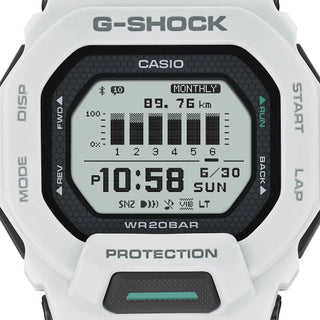 G-SHOCK GBD200-7 sports watch in white with Memory-in-Pixel display, GPS tracking, smartphone connectivity, soft urethane band, and modern honeycomb pattern design
