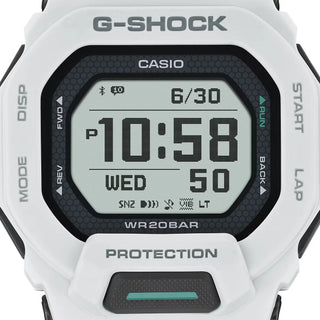 G-SHOCK GBD200-7 sports watch in white with Memory-in-Pixel display, GPS tracking, smartphone connectivity, soft urethane band, and modern honeycomb pattern design