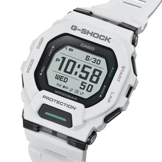 G-SHOCK GBD200-7 sports watch in white with Memory-in-Pixel display, GPS tracking, smartphone connectivity, soft urethane band, and modern honeycomb pattern design