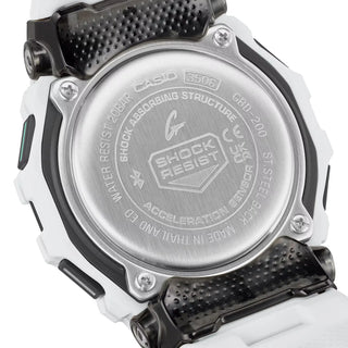 G-SHOCK GBD200-7 sports watch in white with Memory-in-Pixel display, GPS tracking, smartphone connectivity, soft urethane band, and modern honeycomb pattern design