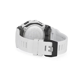 G-SHOCK GBD200-7 sports watch in white with Memory-in-Pixel display, GPS tracking, smartphone connectivity, soft urethane band, and modern honeycomb pattern design