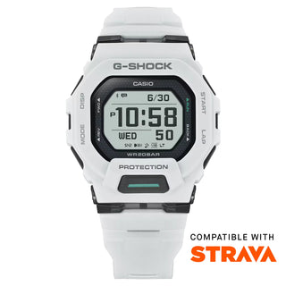 G-SHOCK GBD200-7 sports watch in white with Memory-in-Pixel display, GPS tracking, smartphone connectivity, soft urethane band, and modern honeycomb pattern design