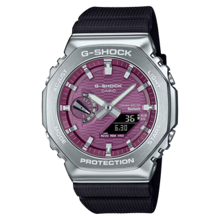 G-Shock GBM2100A-4B burgundy dial watch with silver bezel, solar power, Smartphone Link, and eco-friendly resin construction.