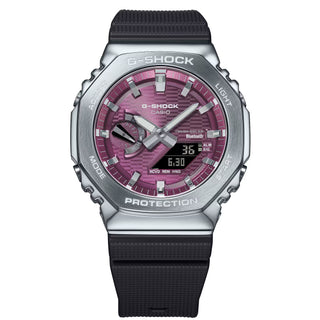 G-Shock GBM2100A-4B burgundy dial watch with silver bezel, solar power, Smartphone Link, and eco-friendly resin construction.