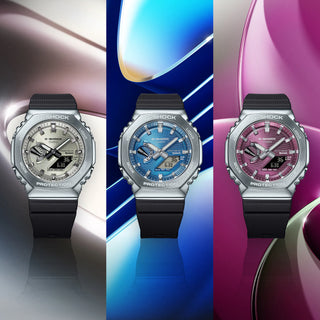 G-Shock GBM2100A-2B watch with blue dial, metal bezel, Tough Solar power, and Smartphone Link technology.