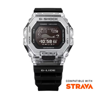 G-Shock G-Lide watch with clear case and black strap on a white background, compatible with Strava.