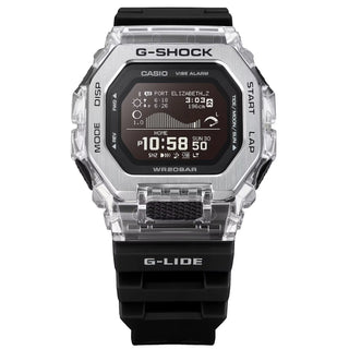 G-Shock digital watch with clear and black design on a white background