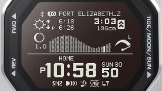 Digital display showing time, date, and tide information with a dark background.