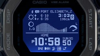Casio watch with digital display showing time and weather information