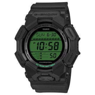 G-SHOCK GD010BEG-1 digital watch with black bio-based case, electro green display accents, and resin band.