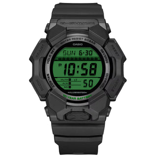 G-SHOCK GD010BEG-1 digital watch with black bio-based case, electro green display accents, and resin band.