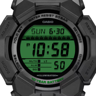 G-SHOCK GD010BEG-1 digital watch with black bio-based case, electro green display accents, and resin band.