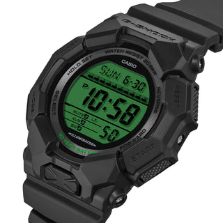 G-SHOCK GD010BEG-1 digital watch with black bio-based case, electro green display accents, and resin band.