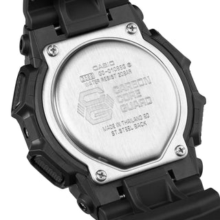 G-SHOCK GD010BEG-1 digital watch with black bio-based case, electro green display accents, and resin band.