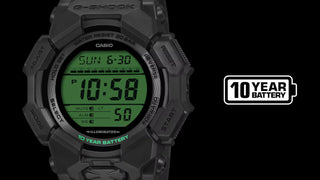 G-SHOCK GD010BEG-1 digital watch with black bio-based case, electro green display accents, and resin band.