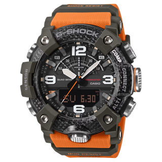 "G-Shock MUDMASTER GGB100X-1A9 — carbon fiber-reinforced case, three-layer carbon insert bezel, mud filter, bio-based resin band, Master of G extreme terrain watch"