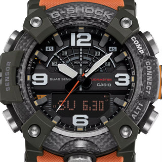 "G-Shock MUDMASTER GGB100X-1A9 — carbon fiber-reinforced case, three-layer carbon insert bezel, mud filter, bio-based resin band, Master of G extreme terrain watch"