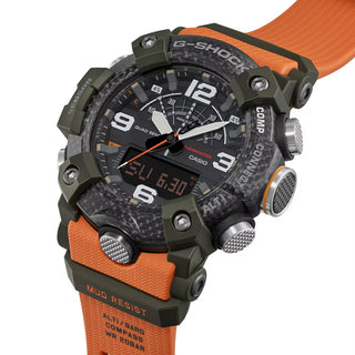 "G-Shock MUDMASTER GGB100X-1A9 — carbon fiber-reinforced case, three-layer carbon insert bezel, mud filter, bio-based resin band, Master of G extreme terrain watch"
