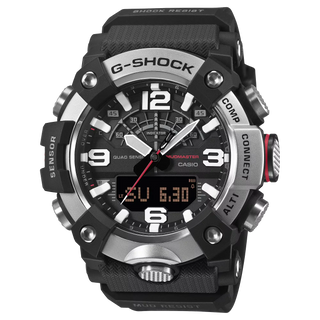 G-SHOCK GGB100XM-1A MUDMASTER watch with silvery stainless-steel honing finish bezel, bio-based carbon fiber-reinforced case, bio-based resin band, and Master of G design for extreme environments