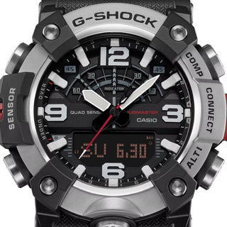 G-SHOCK GGB100XM-1A MUDMASTER watch with silvery stainless-steel honing finish bezel, bio-based carbon fiber-reinforced case, bio-based resin band, and Master of G design for extreme environments