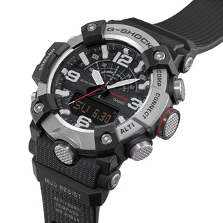 G-SHOCK GGB100XM-1A MUDMASTER watch with silvery stainless-steel honing finish bezel, bio-based carbon fiber-reinforced case, bio-based resin band, and Master of G design for extreme environments