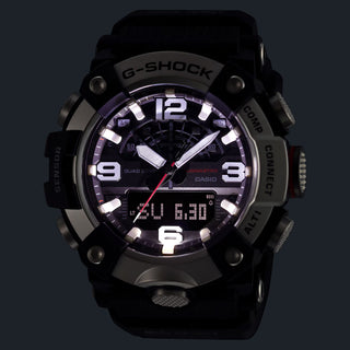 "G-Shock MUDMASTER GGB100X-1A9 — carbon fiber-reinforced case, three-layer carbon insert bezel, mud filter, bio-based resin band, Master of G extreme terrain watch"