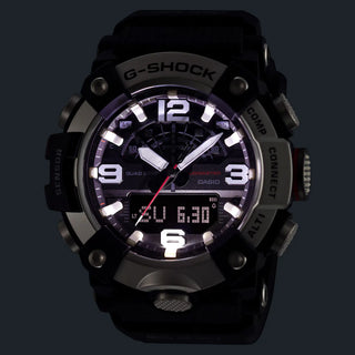 G-SHOCK GGB100XM-1A MUDMASTER watch with silvery stainless-steel honing finish bezel, bio-based carbon fiber-reinforced case, bio-based resin band, and Master of G design for extreme environments