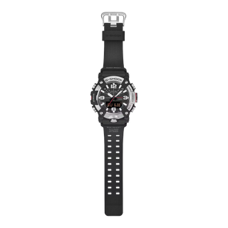 G-SHOCK GGB100XM-1A MUDMASTER watch with silvery stainless-steel honing finish bezel, bio-based carbon fiber-reinforced case, bio-based resin band, and Master of G design for extreme environments
