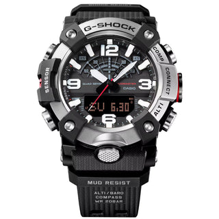 G-SHOCK GGB100XM-1A MUDMASTER watch with silvery stainless-steel honing finish bezel, bio-based carbon fiber-reinforced case, bio-based resin band, and Master of G design for extreme environments