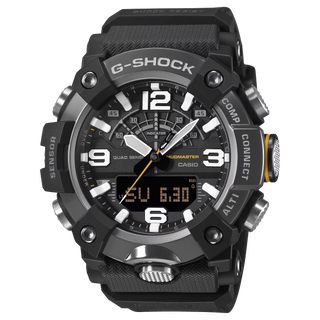 G-SHOCK GGB100XMB-1A MUDMASTER watch with black ion-plated stainless-steel mirror finish bezel, bio-based carbon fiber-reinforced case, bio-based resin band, and Master of G design for extreme environments