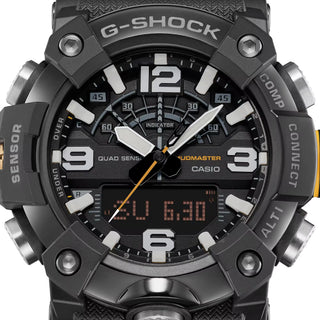 G-SHOCK GGB100XMB-1A MUDMASTER watch with black ion-plated stainless-steel mirror finish bezel, bio-based carbon fiber-reinforced case, bio-based resin band, and Master of G design for extreme environments