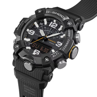 G-SHOCK GGB100XMB-1A MUDMASTER watch with black ion-plated stainless-steel mirror finish bezel, bio-based carbon fiber-reinforced case, bio-based resin band, and Master of G design for extreme environments