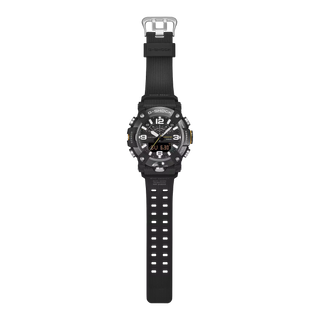 G-SHOCK GGB100XMB-1A MUDMASTER watch with black ion-plated stainless-steel mirror finish bezel, bio-based carbon fiber-reinforced case, bio-based resin band, and Master of G design for extreme environments