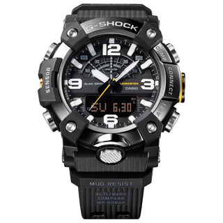G-SHOCK GGB100XMB-1A MUDMASTER watch with black ion-plated stainless-steel mirror finish bezel, bio-based carbon fiber-reinforced case, bio-based resin band, and Master of G design for extreme environments