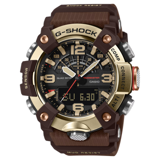 Front view of the G-SHOCK GGB100XMH-5A Mudmaster with a gold-tone bezel, dark brown case and band, black analog-digital dial, and red second hand