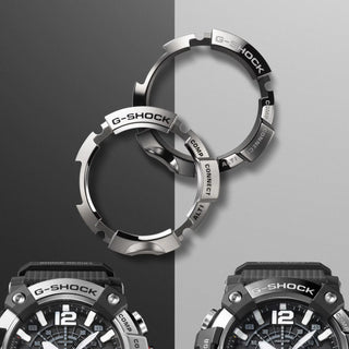 G-SHOCK GGB100XM-1A MUDMASTER watch with silvery stainless-steel honing finish bezel, bio-based carbon fiber-reinforced case, bio-based resin band, and Master of G design for extreme environments