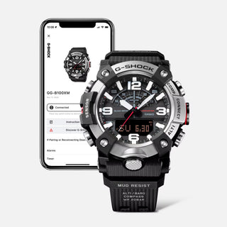 G-SHOCK GGB100XMB-1A MUDMASTER watch with black ion-plated stainless-steel mirror finish bezel, bio-based carbon fiber-reinforced case, bio-based resin band, and Master of G design for extreme environments